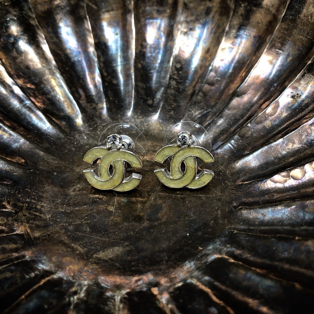 CHANEL Yellow Gold CC Logo Stud Earrings